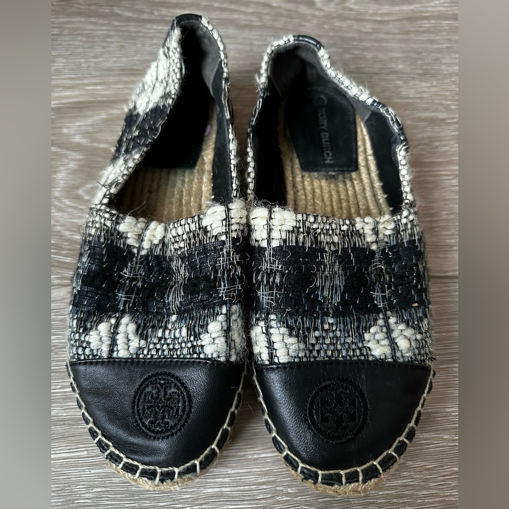 Tory Burch Colorblock Tweed Espadrilles - Black and White
